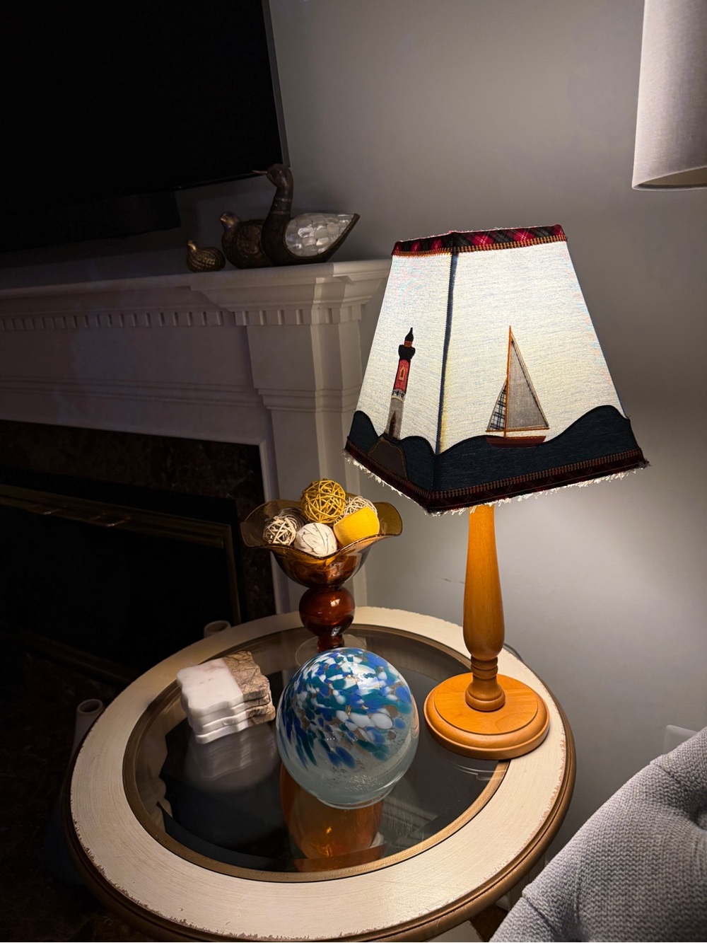 Nautical-Themed Accent Table Lamp W/Hand-Crafted Folk-Art-Style Fabric Lampshade